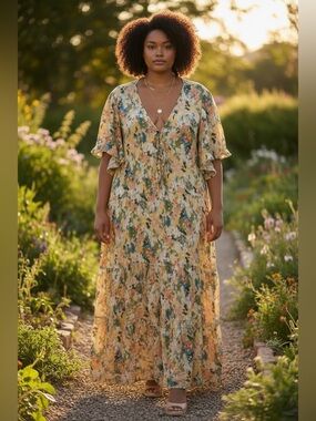 New: BloomChic size 30 yellow Floral cinched  V-Neck Maxi Dress - Yellow Multi
